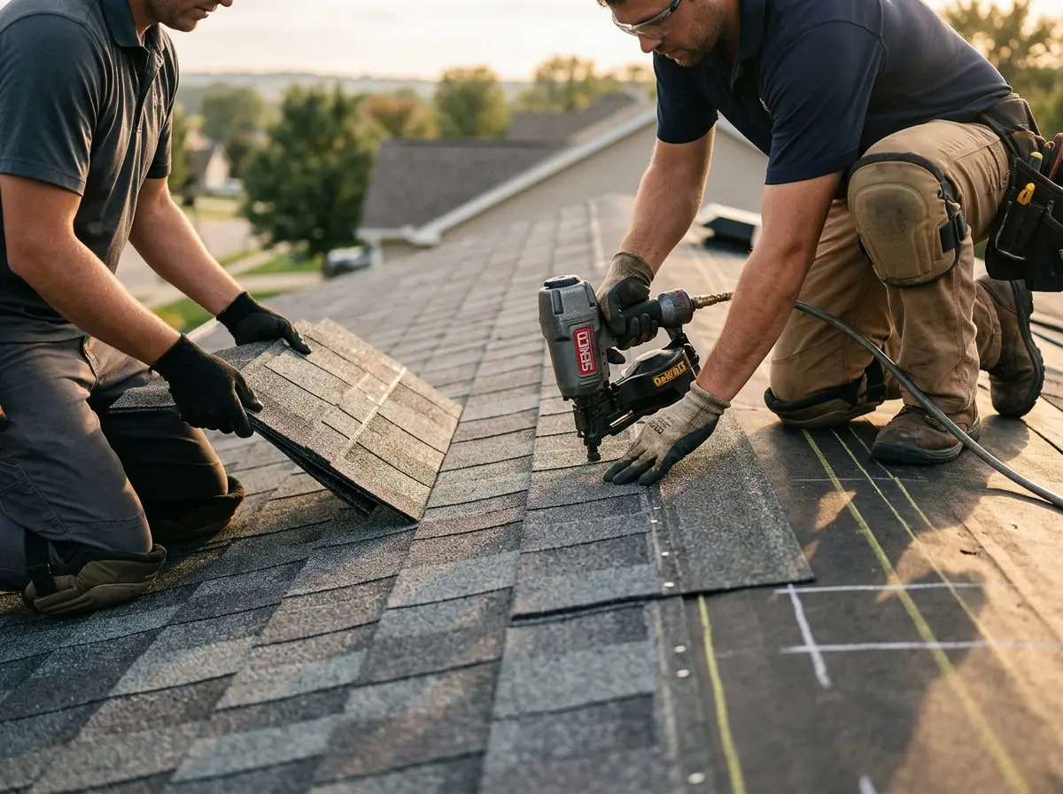 Professional roofer working on a residential roof in Rockaway